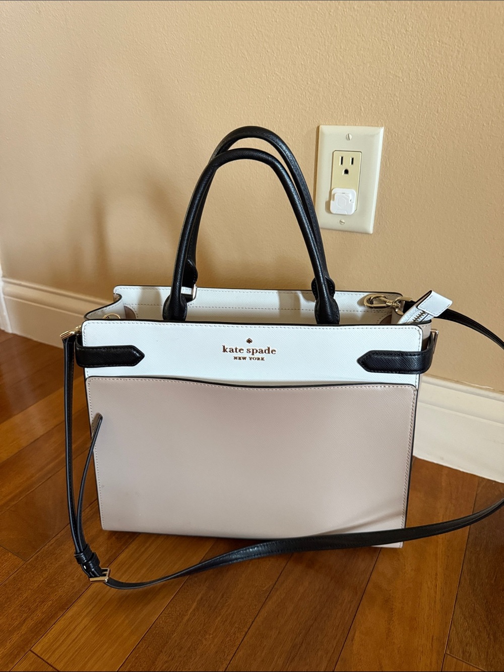 kate spade Two-Tone Leather Satchel in Cream, White & Black